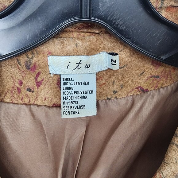 Vintage ITW Floral Print Suede Leather Jacket 12 Women's Button Down Boho Tan - Picture 3 of 8
